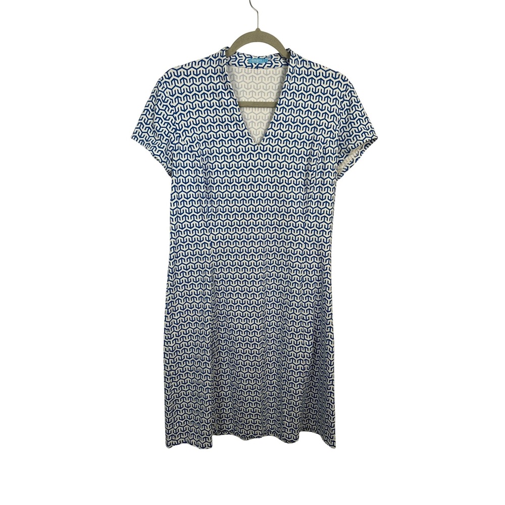 J.McLaughlin Dress Women L Blue Very Good Geometric V-Neck Catalina Cloth
